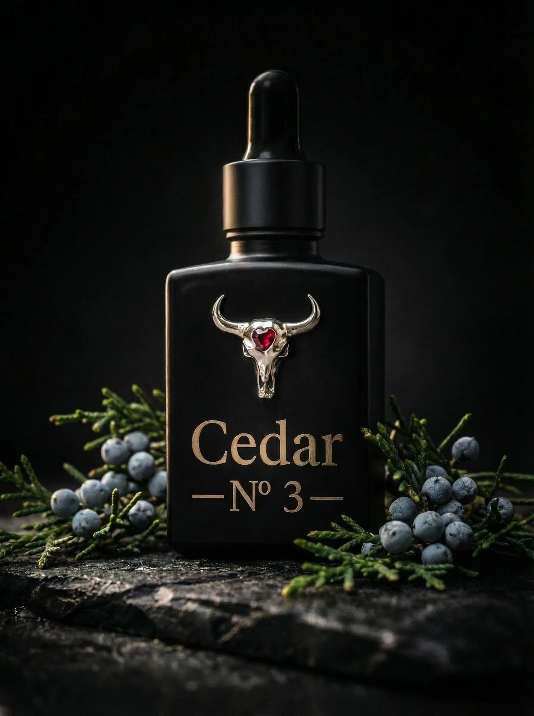 Cedar Nº 3 bottle with ruby gemstone and juniper sprigs on dark stone