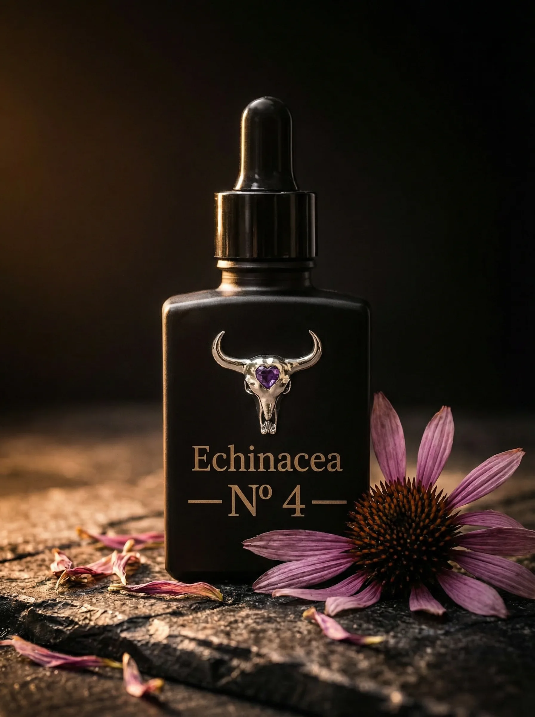 Echinacea Nº 4 bottle with amethyst gemstone and dried coneflower on dark stone