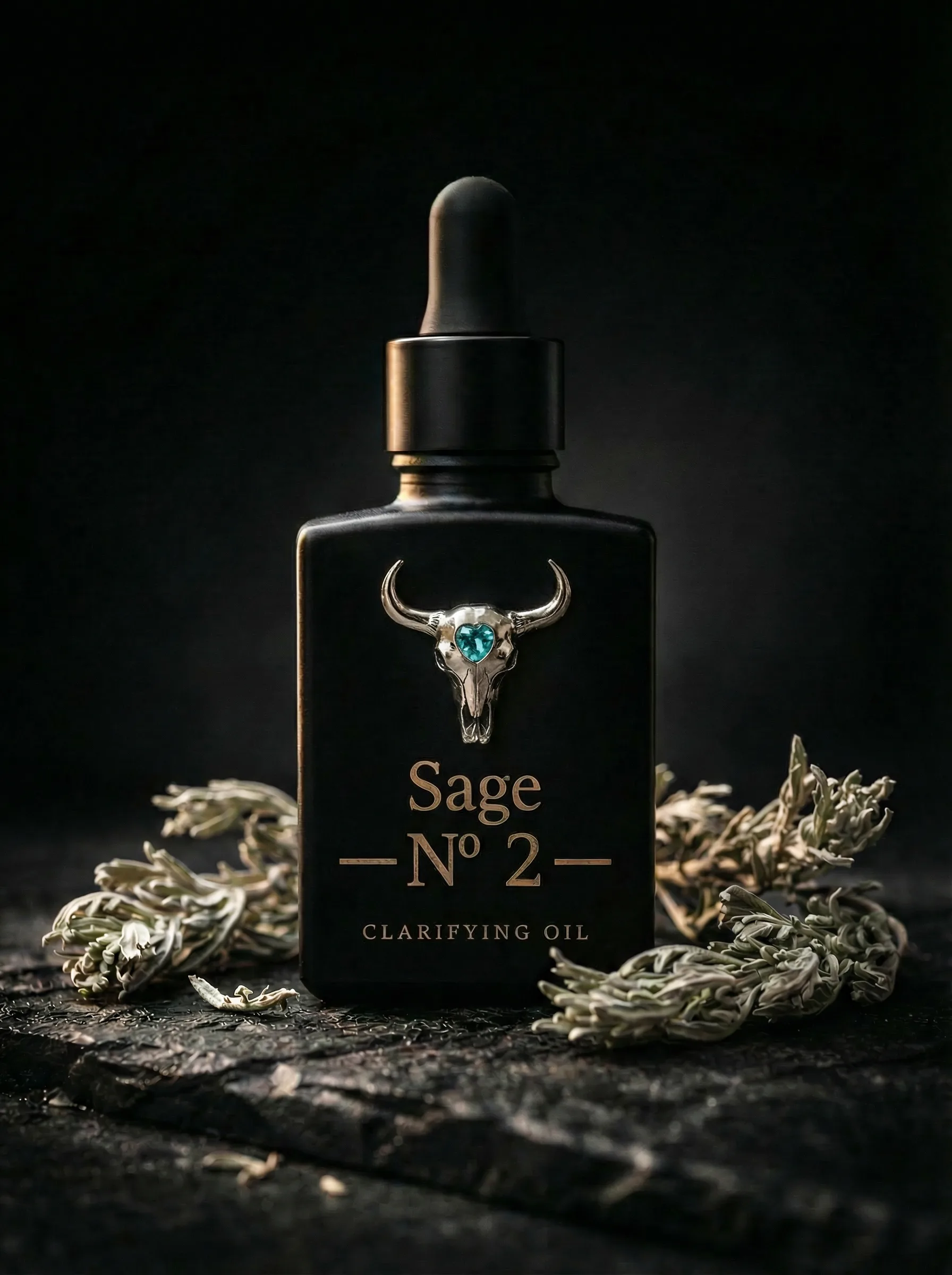 Sage Nº 2 Clarifying Oil bottle with teal gemstone and sagebrush on dark stone