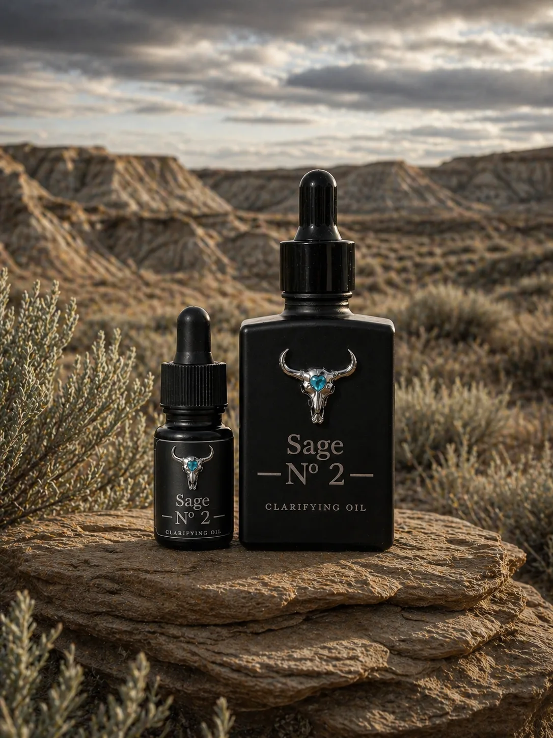 Sage Nº 2 30 mL Collector and 10 mL Discovery bottles side by side on dark slate