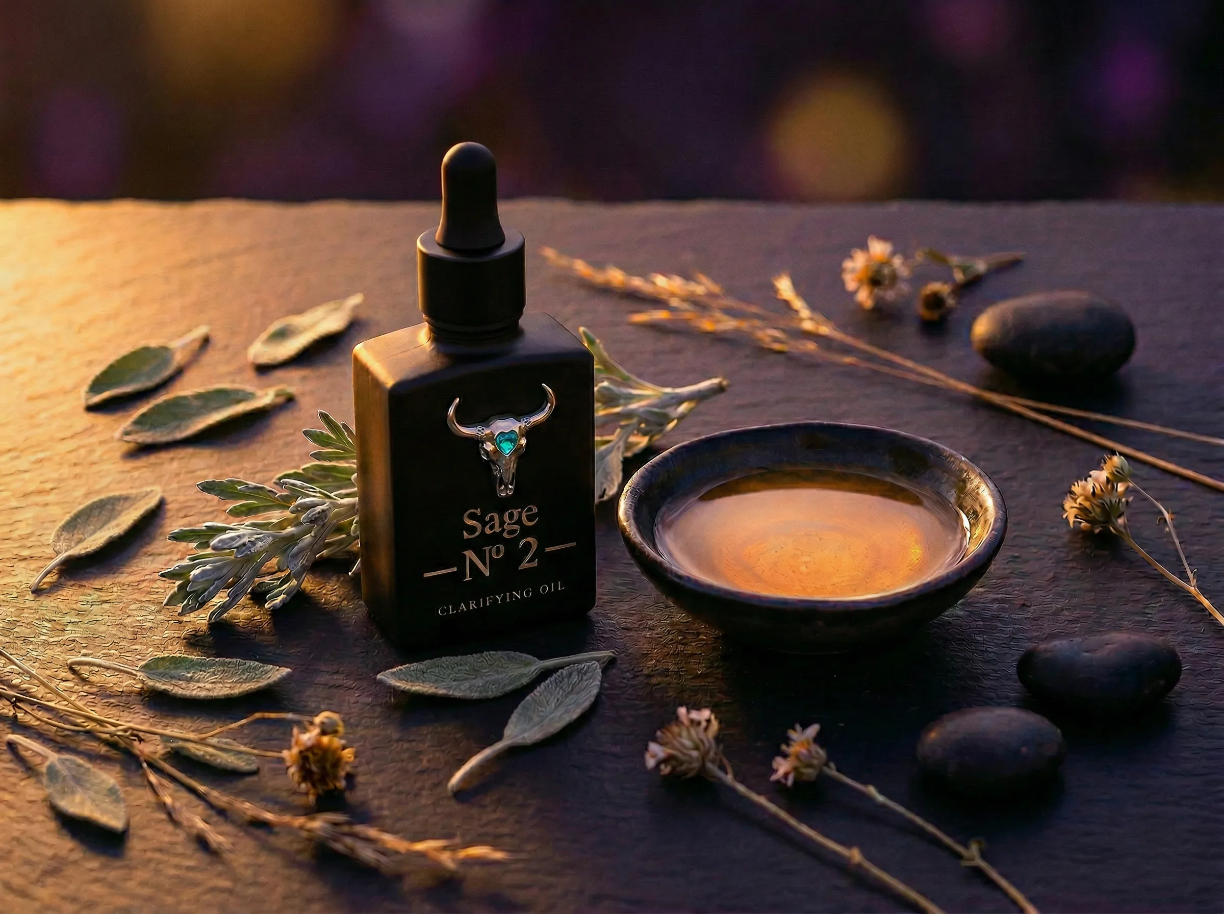 Sage Nº 2 bottle with botanical ingredients on dark stone