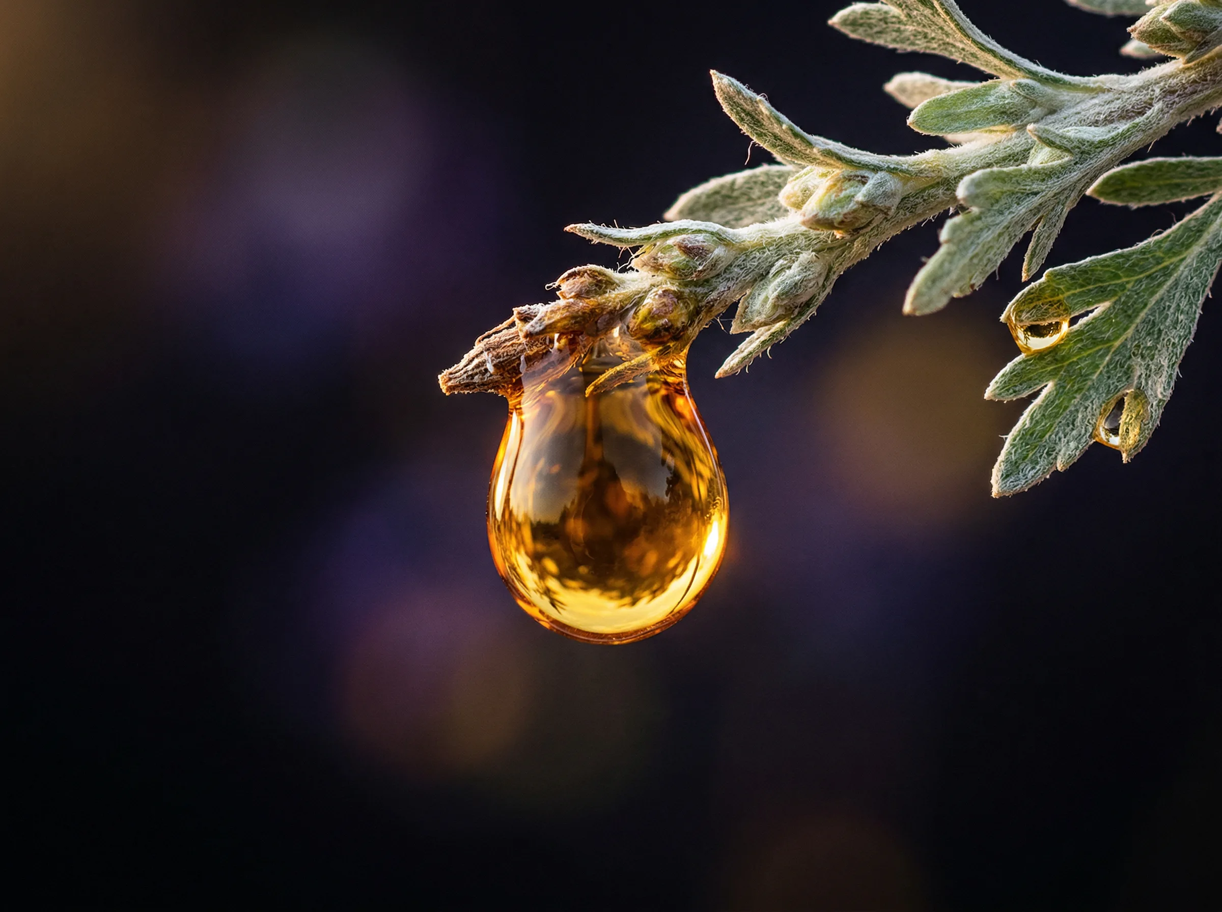 Golden sagebrush oil extract droplet on Artemisia tridentata