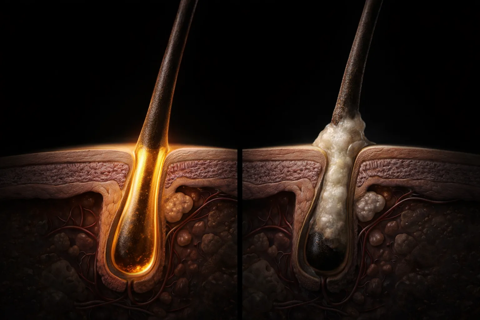 Healthy follicle with clear sebum vs congested follicle