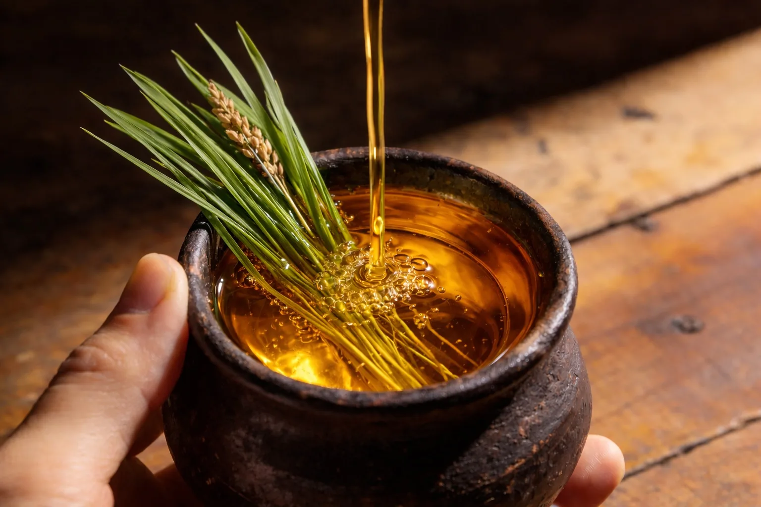 Wild sweetgrass submerged in warm amber jojoba oil, slow maceration