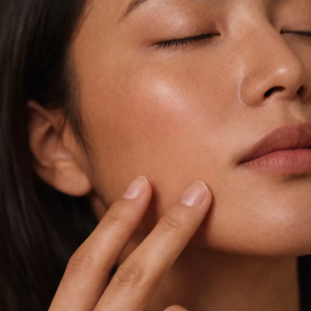 Pressing Sweetgrass No 1 oil serum into skin, warm close-up