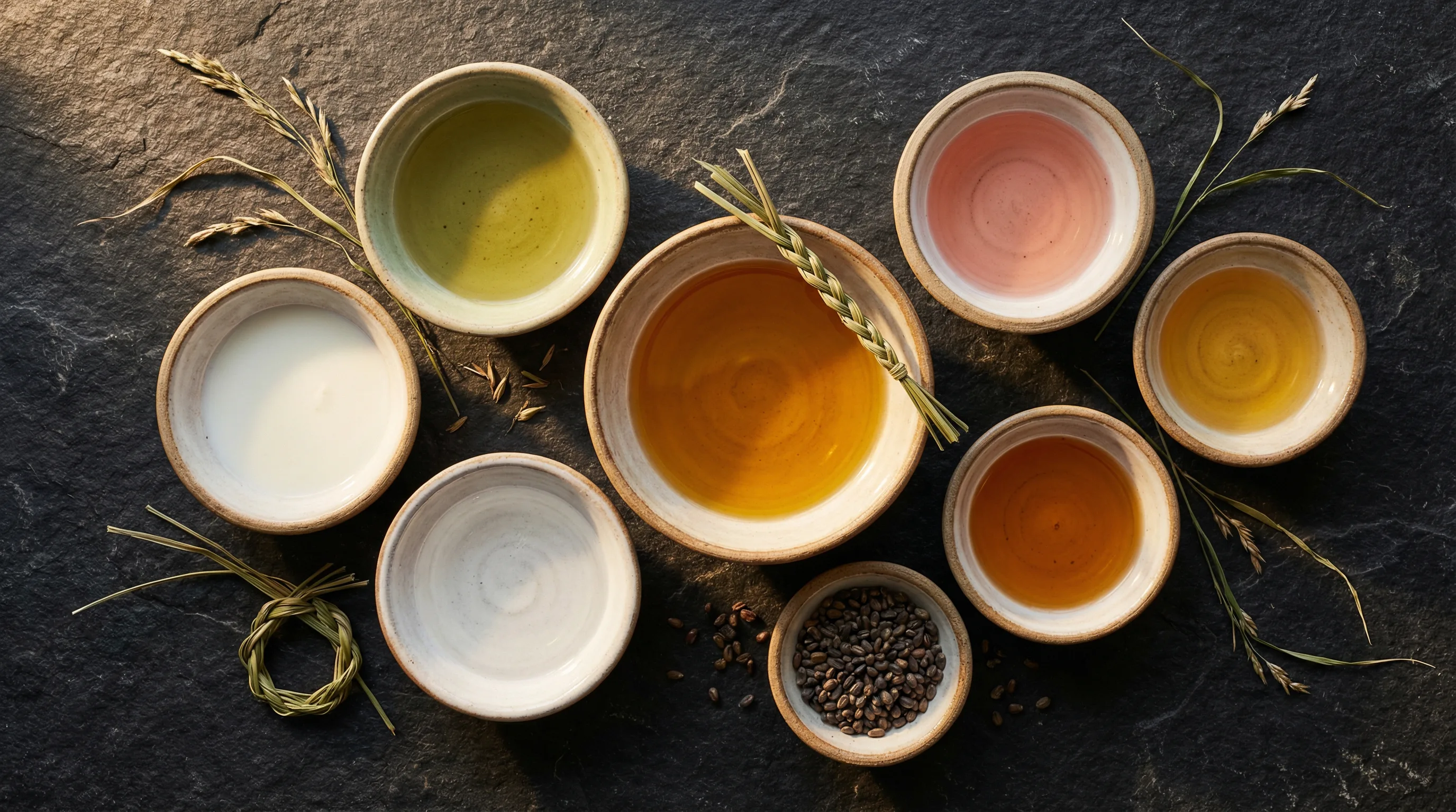 Eight botanical ingredient oils in ceramic bowls on dark stone with sweetgrass braid