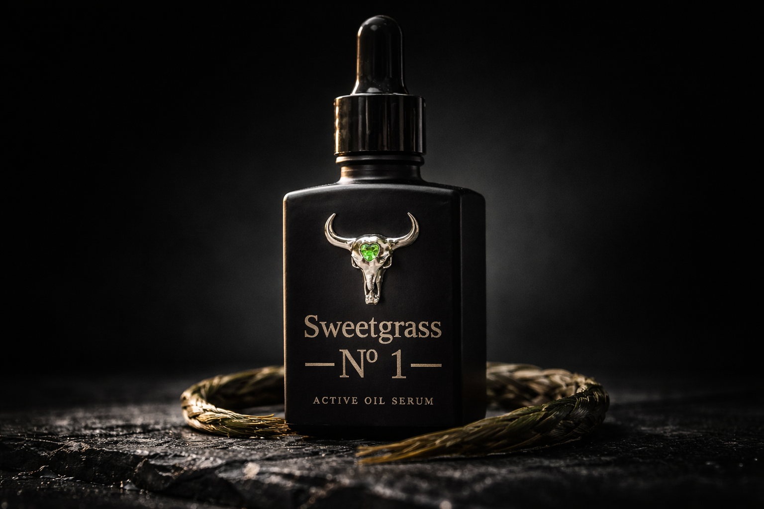 Sweetgrass Nº 1 bottle on dark stone with braided sweetgrass