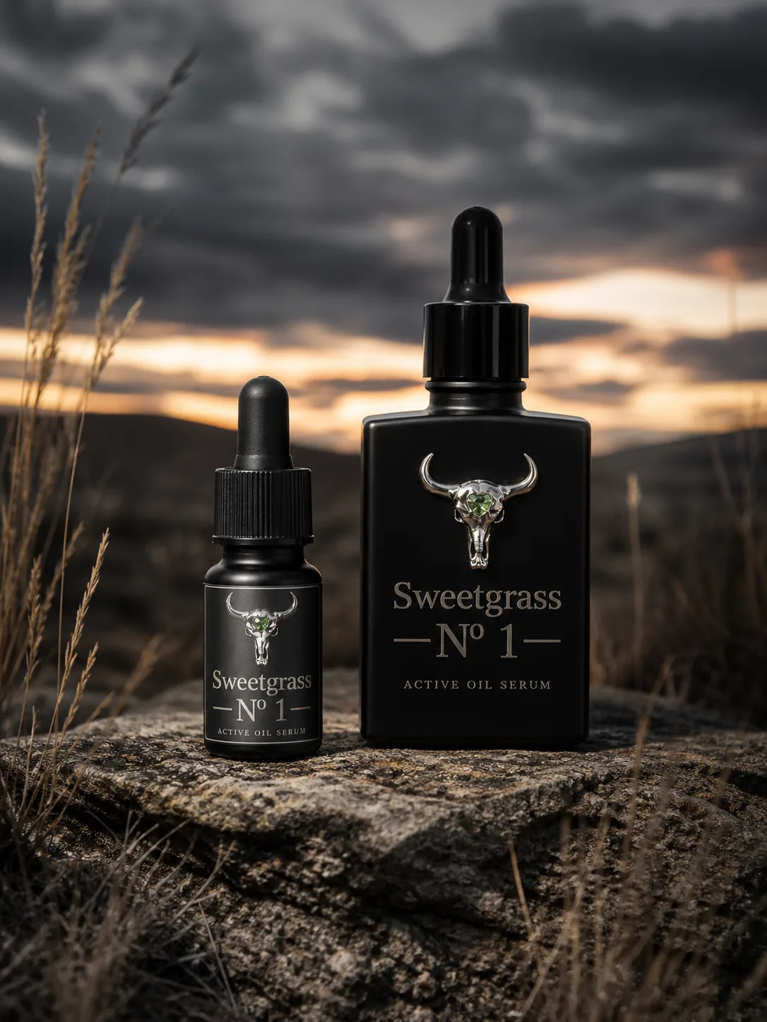 Sweetgrass Nº 1 30 mL Collector and 10 mL Discovery bottles side by side on dark slate