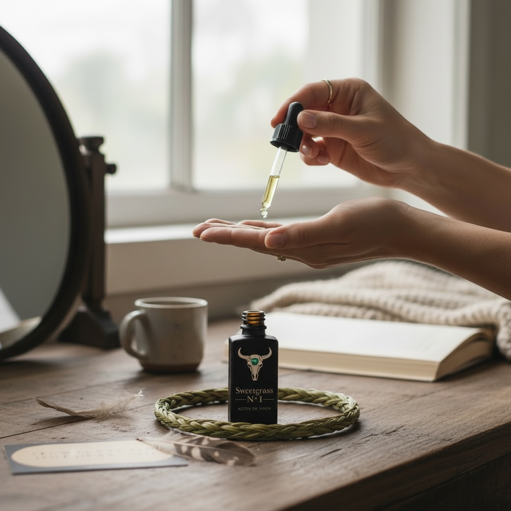 Applying Sweetgrass Nº 1 oil serum from dropper at vanity